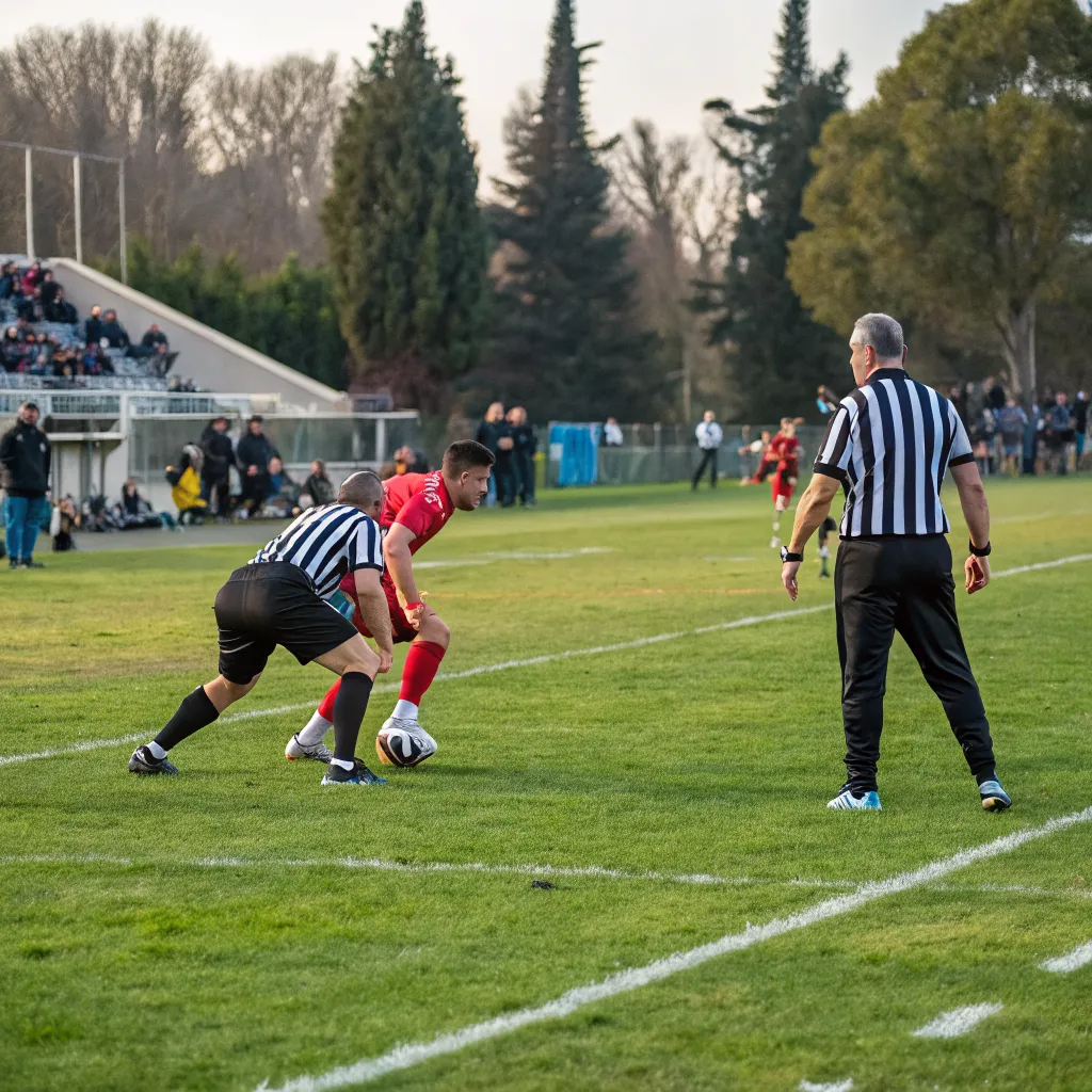 Amateur football match with referee overseeing play